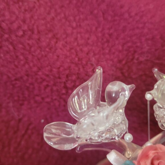 Glass Lovebirds With Pink Rose & Ribbon On Glass Base - Picture 2 of 5